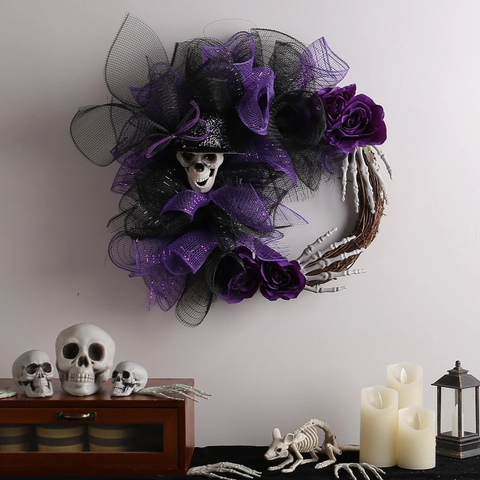 Gothic Halloween Skelet Krans Schedel Roos Gaas Decor Voor Voordeur Muur Feest Thuis Spookhuis Scene Layout
