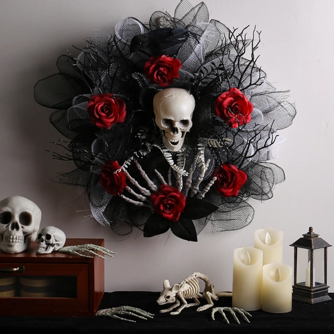 Halloween Kranz Gothic Totenkopf Rote Rose Skelett Hand Krähe Türbehang Horror Party Dekoration Netz Kunststoff Polyester