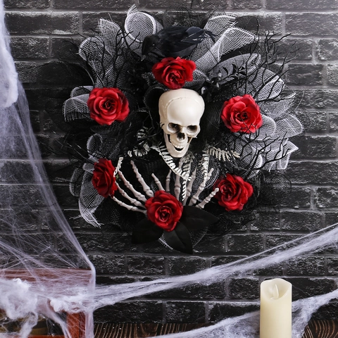 Halloween Kranz Gothic Totenkopf Rote Rose Skelett Hand Krähe Türbehang Horror Party Dekoration Netz Kunststoff Polyester