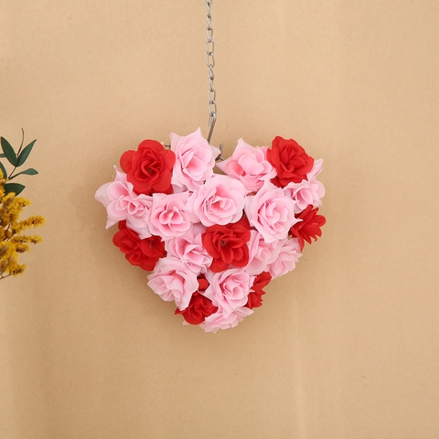 Valentine's Day Heart Shaped Artificial Rose Flower Wreath Hanging Decoration For Wedding Home Wall Decor Red Pink