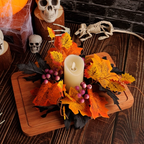 Halloween Candle Ring Wreath Faux Maple Leaves Roses Berries Desktop Decoration Party Table Autumn Gothic Spooky