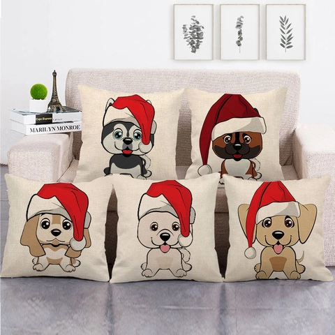 Kersthond Kussenhoes Linnen Cartoon Puppy Met Kerstmuts Decoratieve Vierkante Kussensloop Voor Sofa Huis Decoratie Vakantie