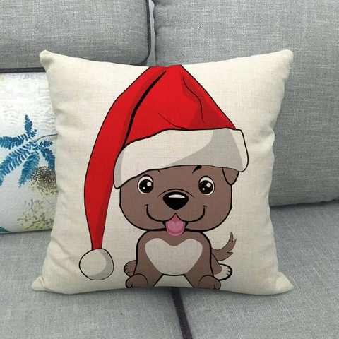 Kersthond Kussenhoes Linnen Cartoon Puppy Met Kerstmuts Decoratieve Vierkante Kussensloop Voor Sofa Huis Decoratie Vakantie