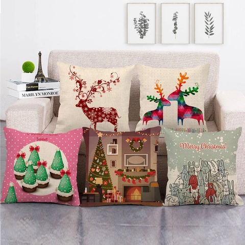 Kerst Linnen Decoratieve Kussenloop Rendier Sneeuwpop Patroon Vierkante Kussenhoes Voor Sofa Woonkamer Home Decor