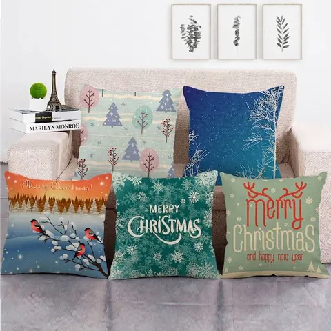 Christmas Linen Texture Decorative Pillow Case Winter Snow Scene Reindeer Pattern Square Cushion Cover For Sofa Home Decor