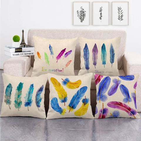 Funda de Cojín de Lino con Pluma de Acuarela de Colores Estilo Bohemio Decorativa Para Sofá Sala de Estar Decoración