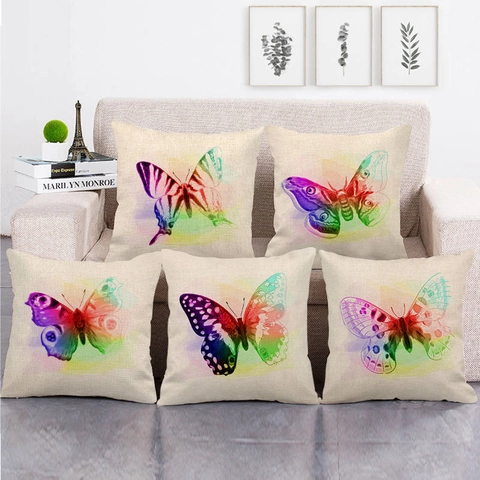 Kleurrijke Vlinder Linnen Kussenhoes Aquarel Artistieke Decoratieve Kussensloop Vierkant Voor Sofa Huis