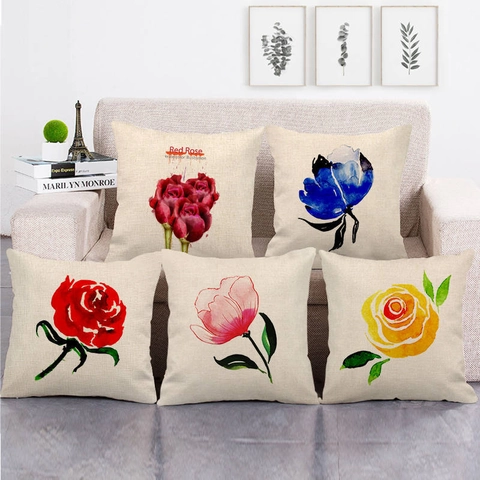 Federe Per Cuscini In Misto Lino E Cotone Con Fiori Ad Acquerello Quadrate Per Divano Casa Ufficio Decorazione Fattoria