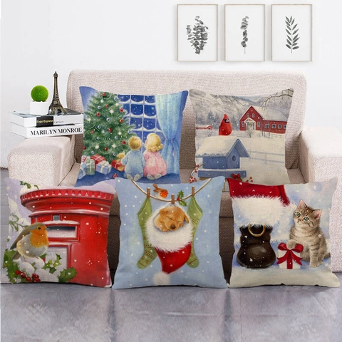 Christmas Throw Pillow Covers Linen Blend Winter Snow Scene Santa Decorative Cushion Cases For Sofa Couch Home Decor