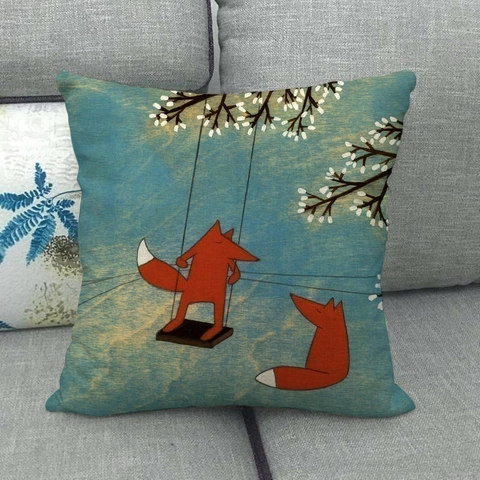 Cartoon Fuchs Kissenbezug Leinen Quadratisch Nordischer Illustrationsstil Kopfkissenbezug Herbst Märchen Dekoration