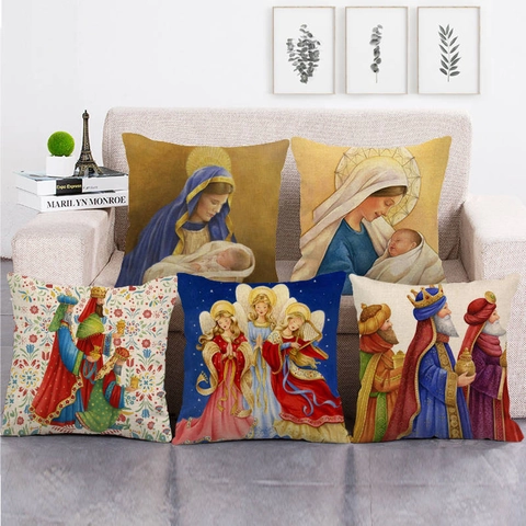 Taie d'Oreiller en Lin Art Religieux Vintage Peinture à l'Huile Vierge Marie Ange Housse de Coussin Carrée pour Canapé