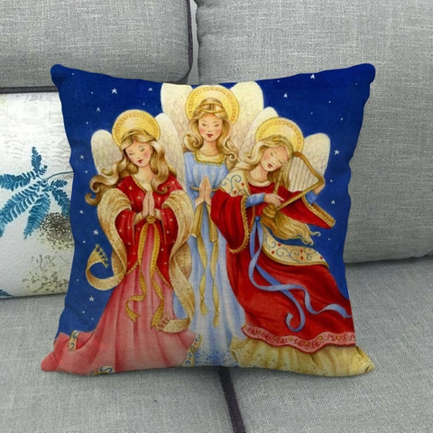 Taie d'Oreiller en Lin Art Religieux Vintage Peinture à l'Huile Vierge Marie Ange Housse de Coussin Carrée pour Canapé
