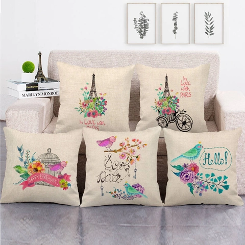 Housses De Coussin En Lin Imprimé Aquarelle Fleurs Oiseaux Paris Tour Eiffel Taies D'oreiller Décoratives Salon