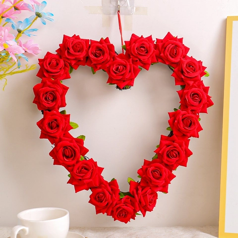 Couronne en Forme de Cœur de Rose Rouge Artificielle Décoration Suspendue Romantique pour la Saint Valentin Mariage Fête