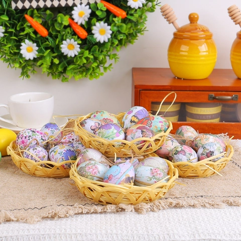 Uova Di Pasqua Ornamenti Appesi Schiuma Plastica Motivo Floreale Farfalla Stile Vintage Decorazione Con Cesto Festa Casa