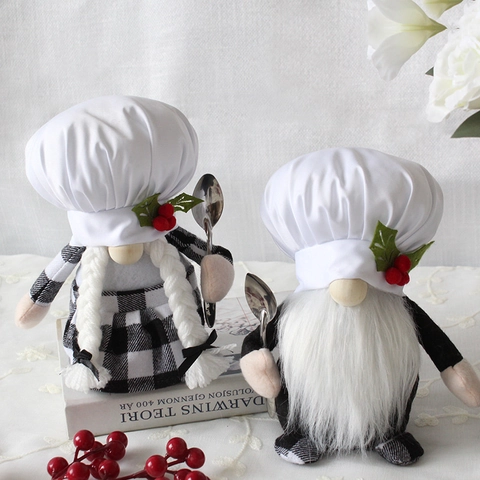 Gnome Chef Poupée Sans Visage Ornement En Peluche Chapeau Blanc Baies Rouges Carreaux Noir Blanc Décor De Table Cuisine