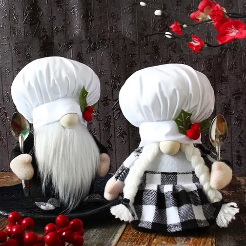 Gnome Chef Poupée Sans Visage Ornement En Peluche Chapeau Blanc Baies Rouges Carreaux Noir Blanc Décor De Table Cuisine