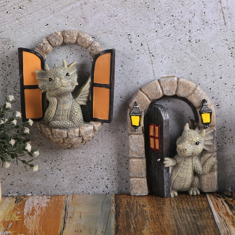 Estatua de Jardín de Dragón Luminoso Resina Miniatura Dinosaurio Apertura Puerta Ventana Figurita Fantasía Decoración de Jardín Adorno