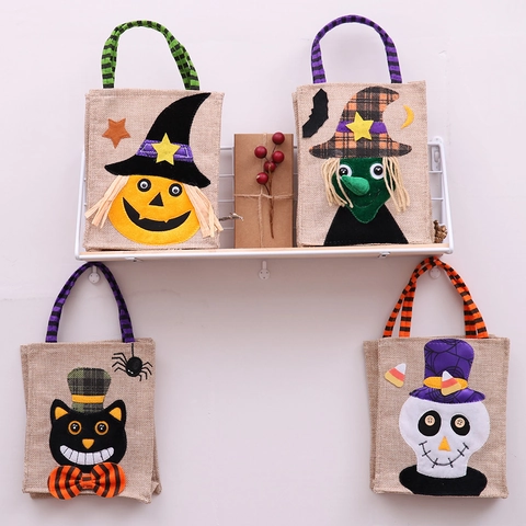Halloween Borsa di Caramelle in Iuta Cartone Animato Zucca Strega Teschio Gatto Nero Motivo Festa Bambini Decorazione Regalo