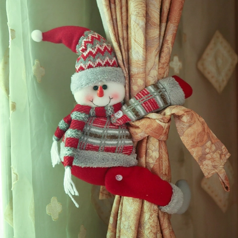 Christmas Curtain Tiebacks Knitted Fabric Santa Snowman Reindeer Plush Doll Window Buckles Home Holiday Decorations