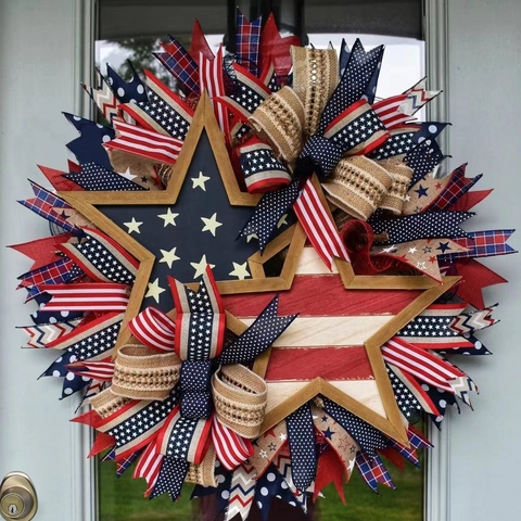 Unabhängigkeitstag Patriotischer Kranz Mit Stars And Stripes Bändern Holzstern Dekoration Für Haustür Wand Haus Party Deko