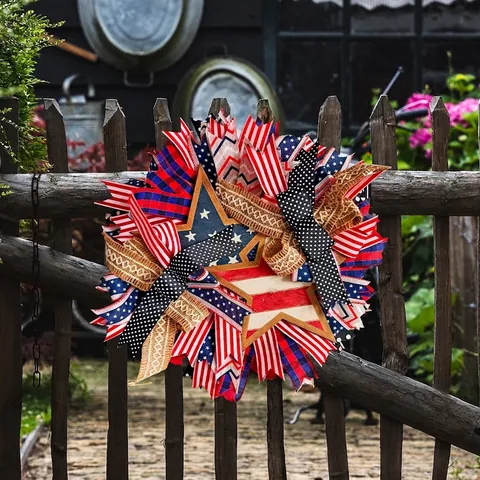 Unabhängigkeitstag Patriotischer Kranz Mit Stars And Stripes Bändern Holzstern Dekoration Für Haustür Wand Haus Party Deko