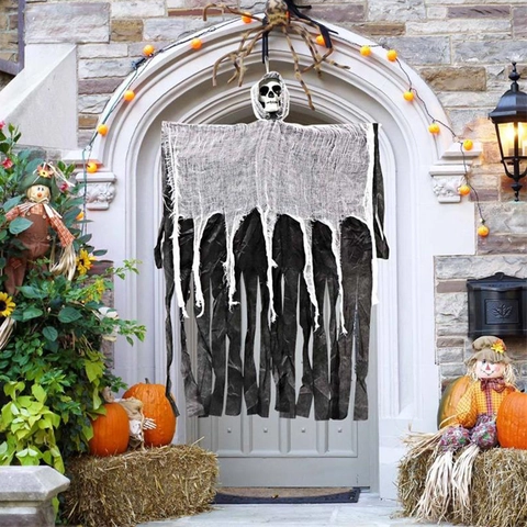 Halloween Hanging Skull Ghost Decoration Plastic Gauze Scary Haunted House Prop Outdoor Indoor Party Decor