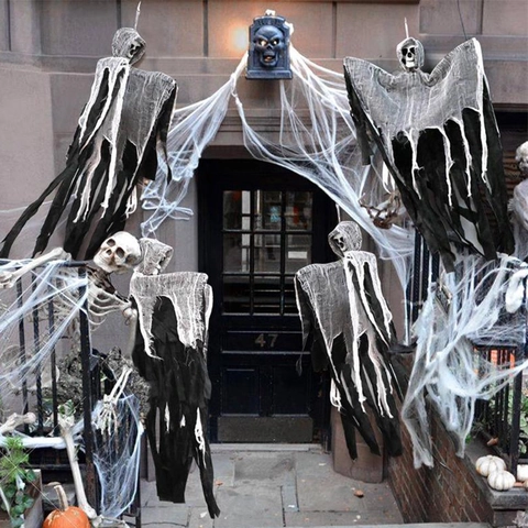 Halloween Hängender Geist Skelett Gaze Mit Spinnen Gruseliges Tuch Outdoor Geisterhaus Horror Requisite Ornament