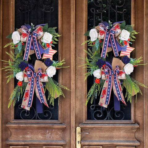 American Independence Day Wreath Red White Blue Stars And Stripes Mesh Burlap Door Hanging For July 4th Party Home Decor