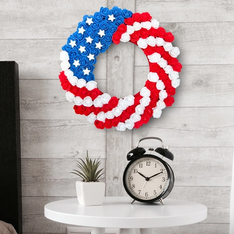 Ghirlanda Patriottica Bandiera Americana Rossa Bianca Blu Rosa Schiuma Cuore Ancora Tonda Decorazione Porta Indipendenza