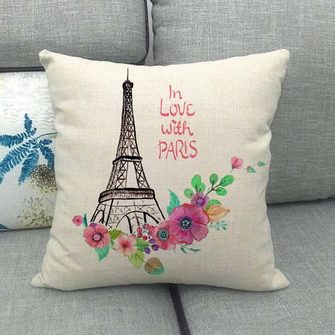 Housses De Coussin En Lin Imprimé Aquarelle Fleurs Oiseaux Paris Tour Eiffel Taies D'oreiller Décoratives Salon
