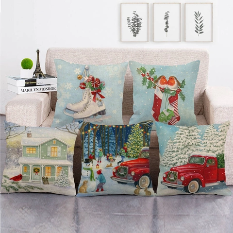 Weihnachten Kissenbezug Leinenoptik Kissenhülle Deko Quadratischer Kissenbezug Für Sofa Wohnzimmer Feiertag Heimtextilien