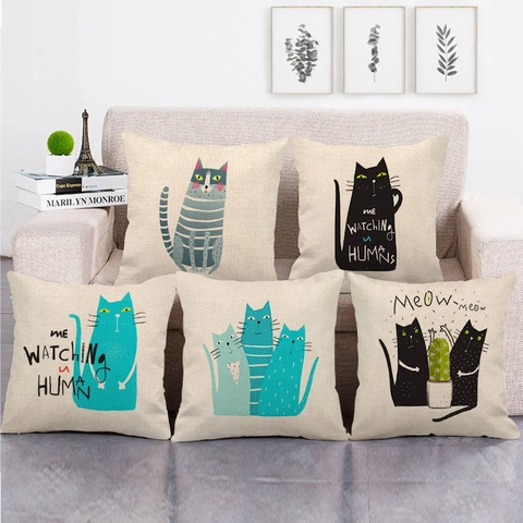 Fodera per Cuscino in Lino con Gatto Cartone Animato Quadrata Decorativa per Divano Soggiorno Casa Misto Cotone e Lino