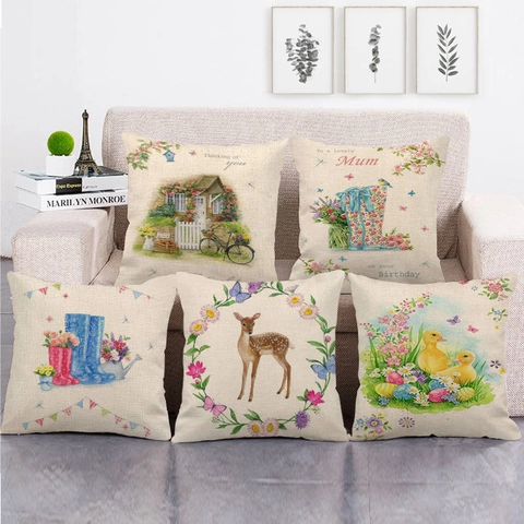 Pastorale Vierkante Kussenhoes Linnen Katoen Mix Vintage Bloemen Dieren Print Decoratieve Kussensloop Voor Bank Huis
