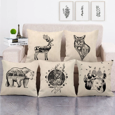 Animal Silhouette Linen Decorative Pillow Case Nature Scenery Forest Bear Deer Throw Cushion Cover For Sofa Home Decor
