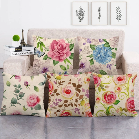 Vintage Floral Rose Print Linen Cushion Cover Pastoral Decorative Pillow Case For Sofa Home Living Room Square