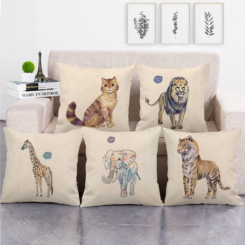 Housse de Coussin en Lin Imprimé Animal à l'Aquarelle Taie d'Oreiller Carrée Décorative pour Canapé Maison Sans Rembourrage