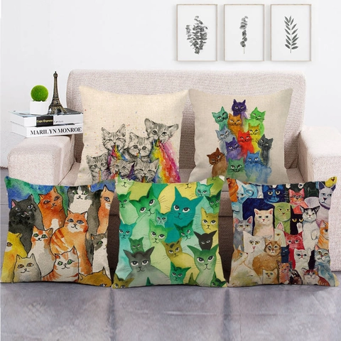 Katzenmuster Leinen Kissenbezug Aquarell Tier Quadratischer Kopfkissenbezug Für Sofa Home Decor Dekorative Kissenhülle