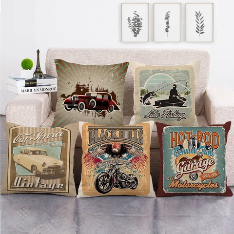 Vintage Leinen Kissenbezug Amerikanischer Stil Dekorative Kissenhülle Für Wohnzimmer Sofa Büro Retro Auto Motorrad Druck Home Decor
