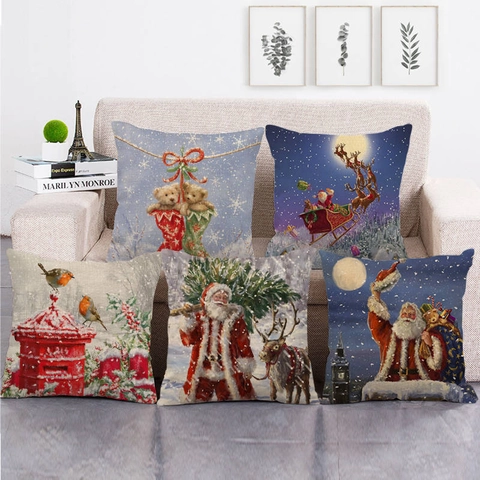Federa per Cuscino in Lino Natalizia Babbo Natale Renna Scena Innevata Federa Decorativa per Divano Casa Quadrata