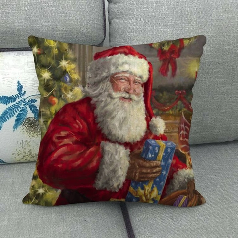 Federa per Cuscino in Lino Natalizia Babbo Natale Renna Scena Innevata Federa Decorativa per Divano Casa Quadrata