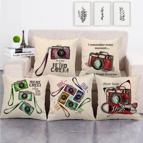 Federa per Cuscino in Lino Con Stampa Macchina Fotografica Retrò Quadrata Decorativa per Divano Casa Stile Vintage Artistico