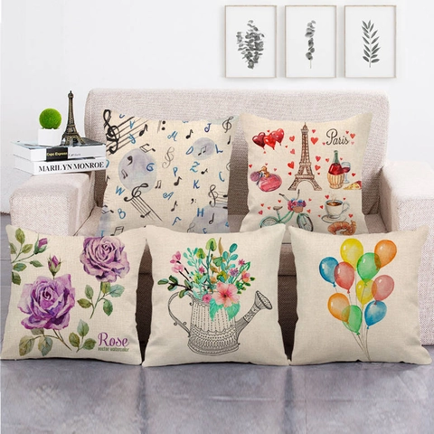 Funda de Cojín Decorativa de Lino Vintage con Flores Bicicleta Retro Funda de Almohada Cuadrada Para Sofá Cama Oficina Decoración Hogar
