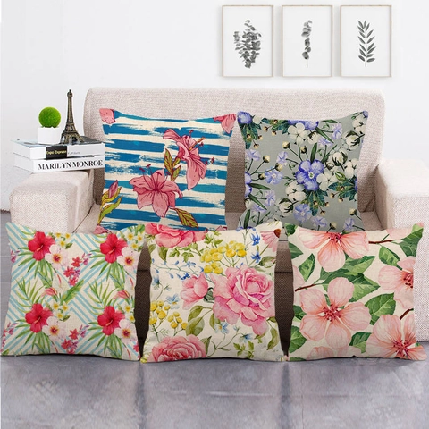 Vintage Linen Pillow Cover Flower Bird Botanical Print Square Decorative Cushion Case For Sofa Home Living Room Office Decor