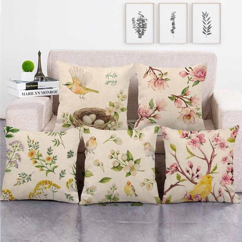Rustic Linen Throw Pillow Case Floral Bird Print Square Cushion Cover Pastoral Style For Sofa Living Room Home Decor