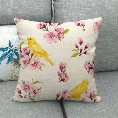 Rustic Linen Throw Pillow Case Floral Bird Print Square Cushion Cover Pastoral Style For Sofa Living Room Home Decor