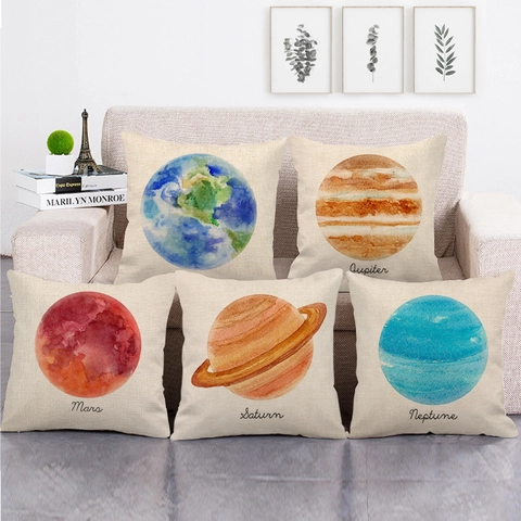 Solar System Planet Linen Pillow Case Space Galaxy Earth Mars Print Decorative Cushion Cover For Home Sofa Office Decor