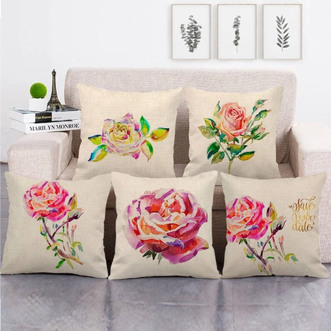 Fodera Per Cuscino Floreale Rosa Acquerello Misto Lino Federa Quadrata Divano Decorazione Casa Stile Fattoria