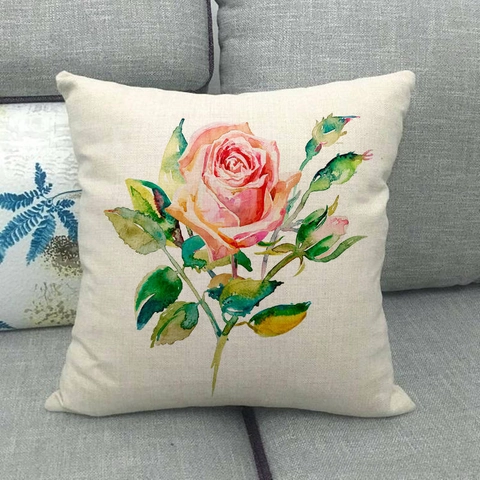 Fodera Per Cuscino Floreale Rosa Acquerello Misto Lino Federa Quadrata Divano Decorazione Casa Stile Fattoria