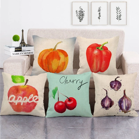 Watercolor Fruit Vegetable Linen Throw Pillowcase Autumn Pumpkin Decorative Cushion Cover For Sofa Couch Home Decor